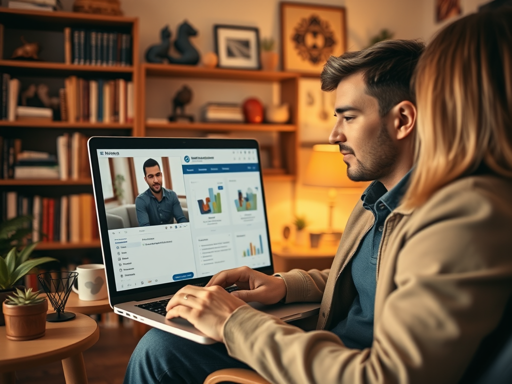 A person interacting with a laptop displaying a video call and data visualizations in a cozy home setting.